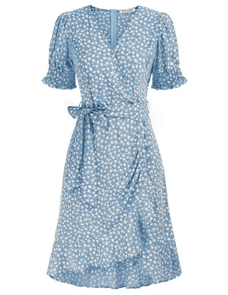 Surplice V-Neck Dress Puffed Short Sleeve Ruffled Hem A-Line Dress