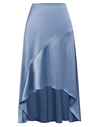 Women High-Low Satin Skirt Elastic High Waist A-Line Midi Skirt