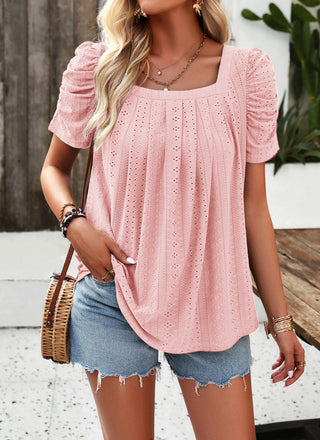 Women Hollowed-out Tops Casual Short Sleeve Square Neck Pullover Tops