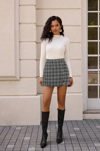 Women's Plaid Tweed Skirt High Waist Button Front Split Bodycon Pencil Mini Skirts