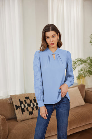 Hollowed-out Blouse Long Sleeve Keyhole Back Pullover Shirt Blouse