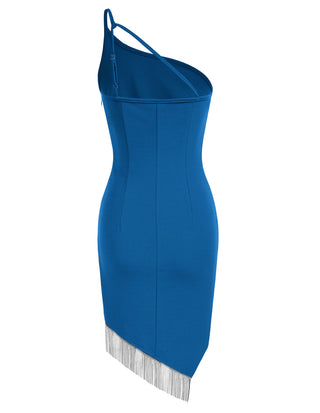 Women Irregular Tassel Hem Party Dress One-Shoulder Knee Length Bodycon Dress