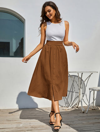Front Slit Skirt Elastic High Waist Buttons Decorated A-Line Skirt