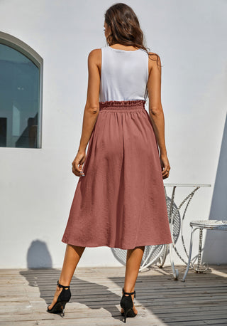 Front Slit Skirt Elastic High Waist Buttons Decorated A-Line Skirt