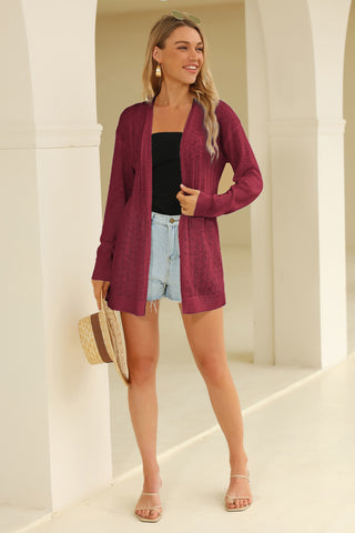 Hollowed-out Cardigan Sweater Long Sleeve Open Front Mid-Thigh Knitwear