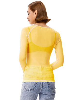 Women's Long Sleeve Scoop Neck See-through T-shirt Tops
