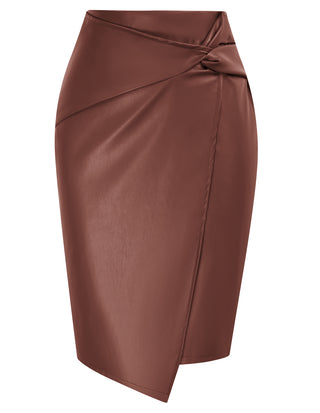 PU Leather Pencil Skirt Knee Length Knot-Front Hips-Wrapped Skirt