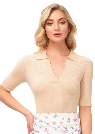 Women Lapel Collar Sweater Tops Short Sleeve V-Neck Ribbed Knitted Tops