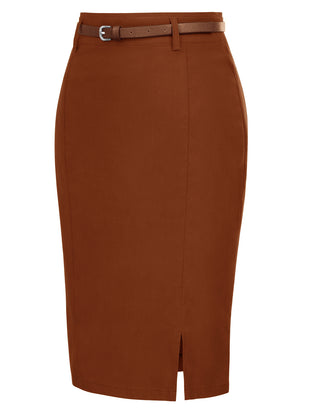 Solid Color Slim Belt Bodycon Pencil SkirtKnee Length Skirt