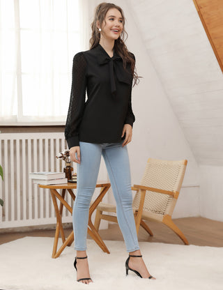 Women Bow-Knot Decorated Shirt Pullover Long Sleeves V-Neck Tops