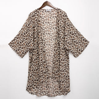 Summer Leopard Pattern 3/4 Batwing Sleeve Open Front Chiffon Cover-up