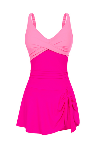 Women V-Neck Swim Dress with Attached Briefs Ruched Padded Swimwear