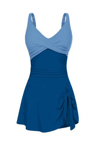 Women V-Neck Swim Dress with Attached Briefs Ruched Padded Swimwear