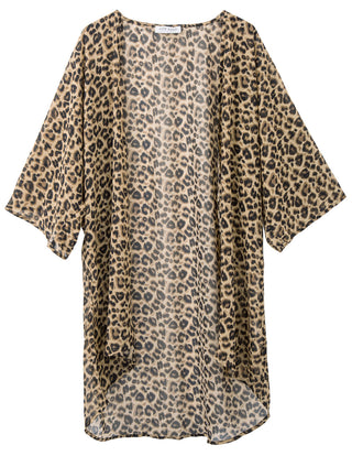 Summer Leopard Pattern 3/4 Batwing Sleeve Open Front Chiffon Cover-up