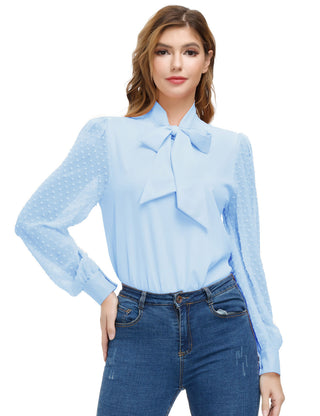 Women Bow-Knot Decorated Shirt Pullover Long Sleeves V-Neck Tops