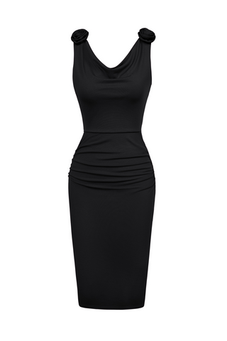 Women Ruched Bodycon Dress Casual Sleeveless Cowl Neck Back Slit Dress