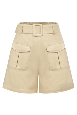 Women Cotton Shorts with Belt Casual Elastic High Waist Short Pants