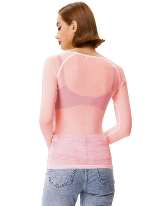 Women's Long Sleeve Scoop Neck See-through T-shirt Tops