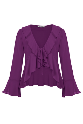 Women Chiffon Cover-up Tops 9/10 Bell Sleeve V-Neck Tie Front Tops