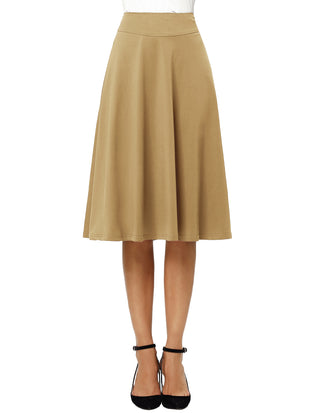 Stretchy Cotton High Waist A-line Flared Skirt Midi Skirt