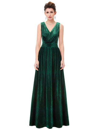 Full Length Velvet Dress Sleeveless V-Neck Defined Waist Party Dress