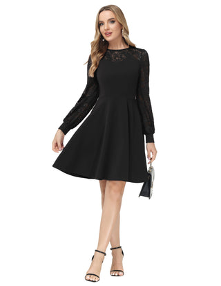 Lace Patchwork Dress Long Sleeve Crew Neck Flared A-Line Dress