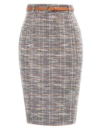 Fashion Tweed Bodycon Skirt with Belt High Waist Knee Length Slit Front