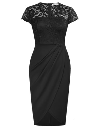 Womens Short Sleeve Floral Elegant Lace Cocktail Dress V Neck Knee Length Wrap Bodycon Dress
