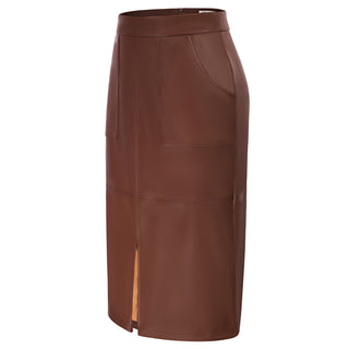 Vintage Faux Leather Skirt with Pockets High Waist Front Slit Straight Work Skirt