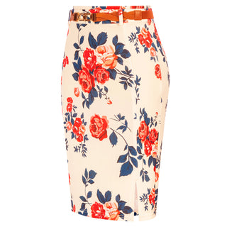 Front Slit Skirt with Belt Floral Pattern High Waist Bodycon Skirt