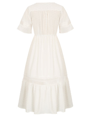 Elastic Waist Midi Dress Short Sleeve V-Neck Tiered A-Line Dress