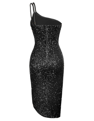 Women's Sexy Sequin Sparkly Glitter Party Club Dress One Shoulder Spaghetti Straps Curved Hem Wrap Bodycon Dress
