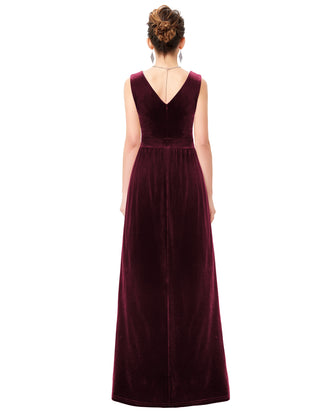 Full Length Velvet Dress Sleeveless V-Neck Defined Waist Party Dress