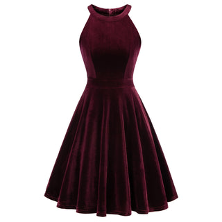 Cut-out Shoulder Velvet Dress Defined Waist A-Line Dress