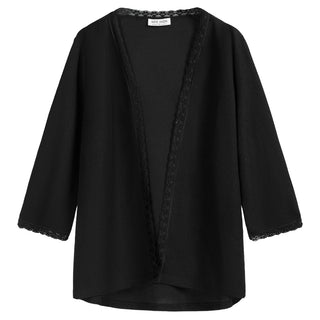 Waffle Textured Cover-up 3/4 Sleeve Open Front Lace Trim Thin Coat