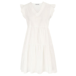 Tiered Cotton Dress Flutter Sleeve V-Neck Flared A-Line Dress