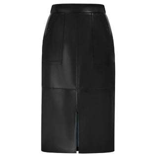 Vintage Faux Leather Skirt with Pockets High Waist Front Slit Straight Work Skirt
