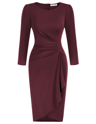 Crew Neck Dress OL Long Sleeve Above Knee Ruched Bodycon Dress