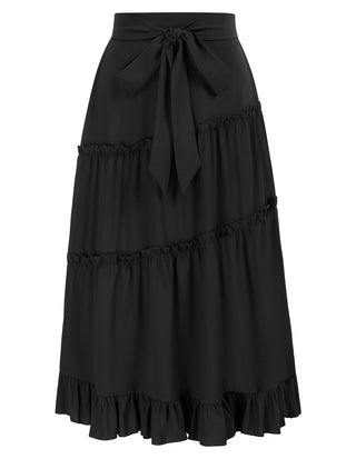Tiered Skirt Elastic High Waist Belt Decorated A-Line Skirt