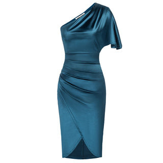 Ruched Body Dress Asymmetric One Shoulder Wrap Hem Party & Work Dress