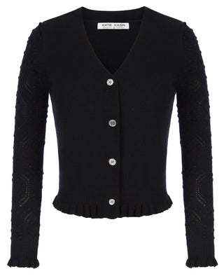 Women Ruffled Hem Cardigan Sweater Long Sleeve V-Neck Button-up Knitwear