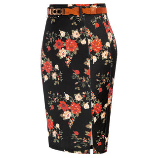 Front Slit Skirt with Belt Floral Pattern High Waist Bodycon Skirt