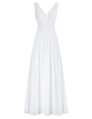 Defined Waist Maxi Dress Sleeveless V-Neck V-Back Flared A-Line Dress