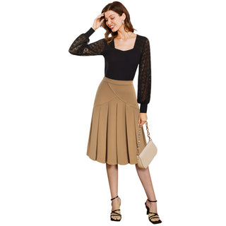 Pleated Skirt Casual High Waist Stretchy Mid-Calf A-Line Skirt