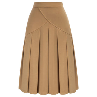 Pleated Skirt Casual High Waist Stretchy Mid-Calf A-Line Skirt