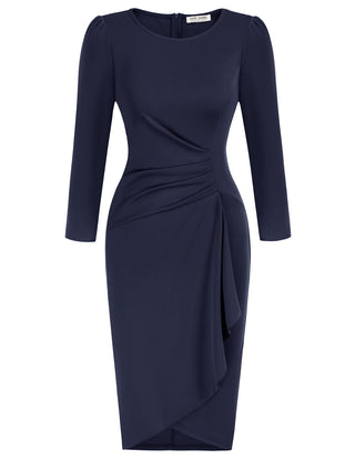 Crew Neck Dress OL Long Sleeve Above Knee Ruched Bodycon Dress