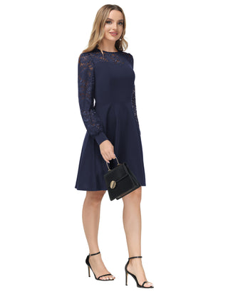 Lace Patchwork Dress Long Sleeve Crew Neck Flared A-Line Dress