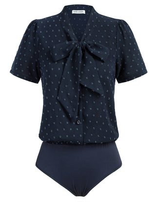 Bow-Knot Decorated Bodysuit Short Sleeve Elastic Waist Shirt Teddy
