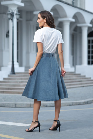Cotton Blends Denim Skirt High Waist Flared A-Line Skirt