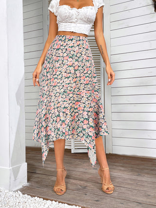 Irregular Hem Skirt Elastic High Waist Mid-Calf A-Line Skirt